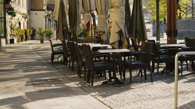 Close up shot of empty tables and chairs in the bar, restaurant, Ljubljana