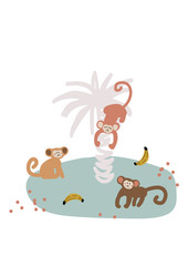 Cute cartoon monkey on island vector childish illustration.