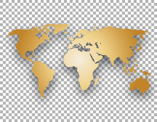 gold world map with shadow on transparent background - obrazy, fototapety, plakaty