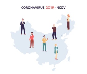 Sick people with coronavirus on Chinese map, with flu virus or COVID-19 symptoms