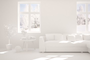 White minimalist living room with sofa. Scandinavian interior design. 3D illustration