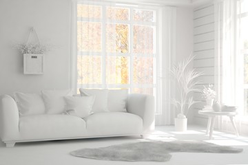 White minimalist living room with sofa. Scandinavian interior design. 3D illustration