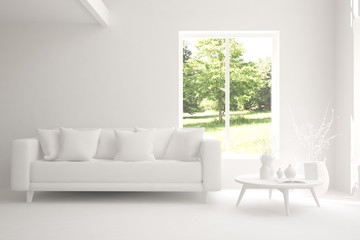 White living room with sofa and summer landscape in window. Scandinavian interior design. 3D illustration