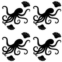 Marine vector seamless black and white pattern with octopuses and shells. Octopuses and shells - marine seamless pattern.