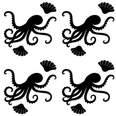 Marine vector seamless black and white pattern with octopuses and shells. Octopuses and shells - marine seamless pattern.