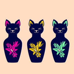 Art vector colorful illustration with a beautiful cat and flowers. Works of art to decorate your interior and to use in your unique design