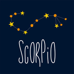 Zodiac signs. Scorpio symbol. Constellation on dark blue background. Astrology. Doodle and freehand drawing in the modern style. Scandinavian style clipart. Vector illustration.