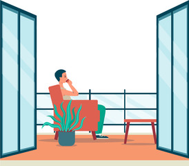 Cartoon man sitting in cozy balcony interior with blank view template