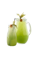 Glass of lime juice lemonade and physalis isolated on white background