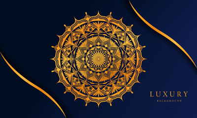 Luxury mandala motif on blue with golden background, arabesque pattern, arabic style, mandala for print, banner, cover, flyer, royals.