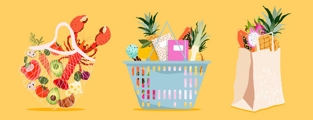 Shopping bags and basket. Bags full of purchases. Fruits and vegetables in a shopping basket and bags. Isolated shopping icon set on a yellow background. Shopping conceptual trendy vector drawing.