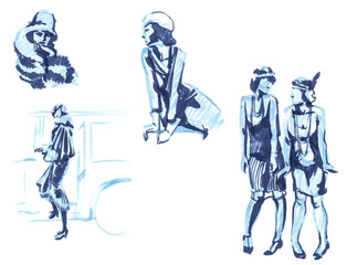 Fashion models, Vector illustration, SKETCH. Fashion girls, watercolor hand drawn on white background. The style of the 30-ies, glamour.