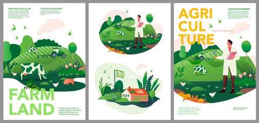 Vector set of spring and summer posters. Investments in animal husbandry, technologies and agribusiness development. Illustrations of farms and objects agronomy for a poster, banner, or postcard. - obrazy, fototapety, plakaty