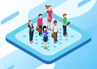 Fototapeta na wymiar Isometric Vector Illustration Representing Some People or A Market or Customer Group Standing in Somewhere to Get Picked by Company Products