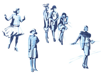 Fashion models, Vector illustration, SKETCH. Fashion girls, watercolor hand drawn on white background. The style of the 30-ies, glamour.