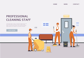 Professional cleaning staff working in office building - cartoon banner