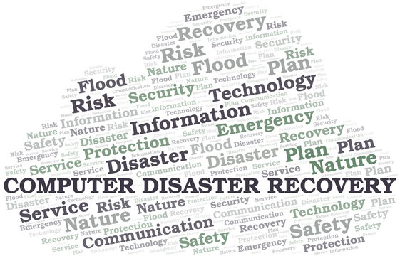 Computer Disaster Recovery typography vector word cloud.