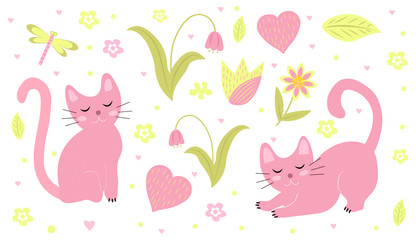 Cute cats set flat hand mouse style. Kittens are small. Vector illustration
