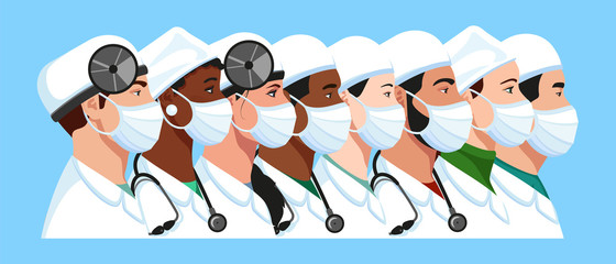 International doctors team avatars with medical face masks vector set: men and women physicians profile icons.  European, African American, Asian, Arabic therapists, ENTs portrait collection.