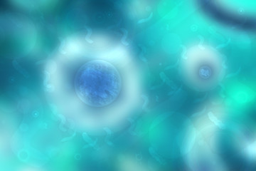 Coronavirus template. Abstract blue teal turquoise background texture with a model of a novel strain of the corona virus COVID-19. Droplets of infection from floating viruses.