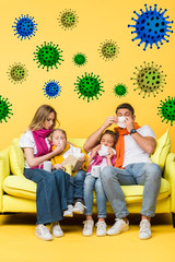 sick family with napkins having runny noses while sitting on sofa on yellow, bacteria illustration