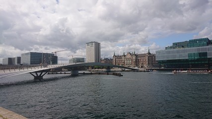 Fototapeta na wymiar Copenhagen, Denmark. View of the city canal with a foot bridge