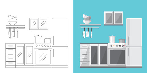 Illustration of modern kitchen with different house appliances.