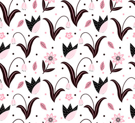 Flowers seamless pattern. Floral plant patterns endless background, plants repeating texture. Vector illustration