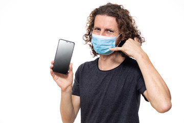 Buisnessman in medical mask. Pandemic coronavirus epidemic covid-19 quarantine isolated phone