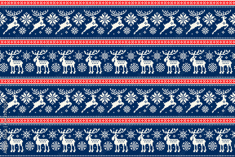 Wall mural Christmas Pixel Pattern with Deers and Elks. Traditional Nordic Seamless Striped Ornament. Scheme for Knitted Sweater Pattern Design or Cross Stitch Embroidery.