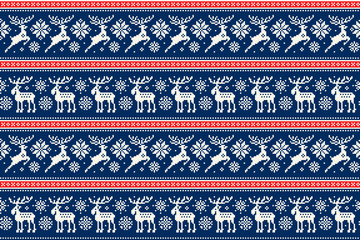Christmas Pixel Pattern with Deers and Elks. Traditional Nordic Seamless Striped Ornament. Scheme for Knitted Sweater Pattern Design or Cross Stitch Embroidery.