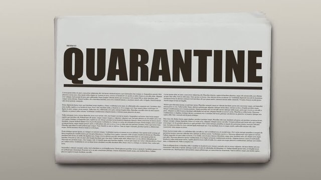Quarantine written newspaper animation on a gray background. Newspaper object is spinning and stopping after.