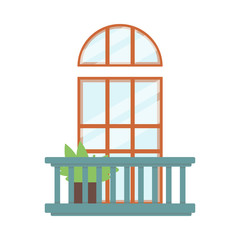 Balcony decor with wooden doorway and plant flat vector illustration isolated.