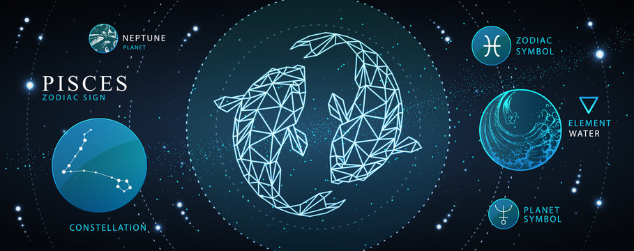 Modern magic witchcraft card with astrology Pisces neon zodiac sign. Polygonal koi fish illustration. Zodiac characteristic