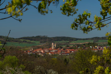 Bavorov town with red roofs on old houses in spring fresh sunny day