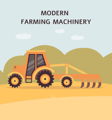 Yellow tractor plowing the field - agriculture machine with plough