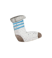 Watercolor element on a white background. Sock in the Hugge style. For design compositions in the Scandinavian style. On the topic of home comfort, lifestyle.