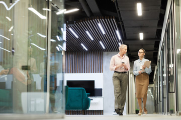 Two businesswomen talking to each other while walking along the office corridor