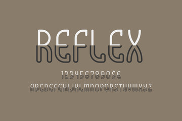 Reflex artistic display font. Bisected white black letters, numbers and currency signs. Isolated english alphabet. Vector creative lettering.