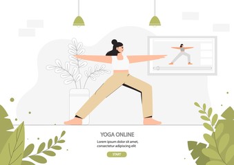 A young woman doing yoga in a cozy room with a modern interior, the concept of online yoga and stay at home. Flat style vector illustration. Online exercises live broadcast.