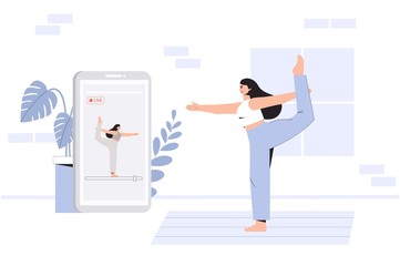 A young woman doing yoga in a cozy room with a modern interior, the concept of online yoga and stay at home. Flat style vector illustration. Online exercises via the app in your phone. 