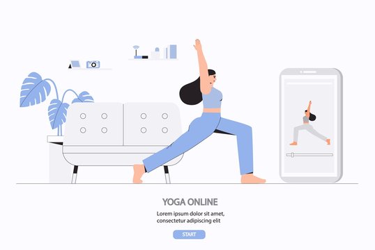 A young woman doing yoga in a cozy room with a modern interior, the concept of online yoga and stay at home. Flat style vector illustration. Online exercises via the app in screen smartphone.