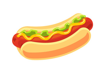 Classic hotdog isolated on white background. Fast food vector object. Big Hot dog cartoon illustration. Takeaway food symbol for banner or design poster