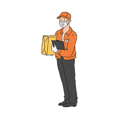 Coronavirus delivery service courier in mask sketch vector illustration isolated.