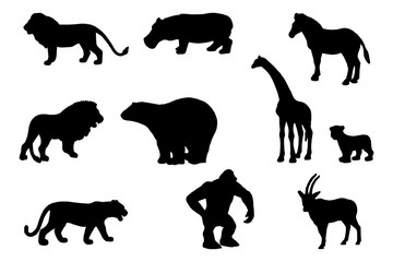 collection of zoo animal silhouettes, black and white vector illustration of animals for textile, books, tattoo isolated on white background