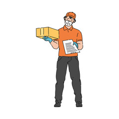 Delivery man in medical mask holding parcel box and document for signature
