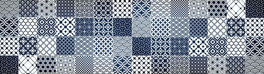 Blue gray white bright vintage retro geometric square mosaic motif cement tiles texture background banner panorama - obrazy, fototapety, plakaty