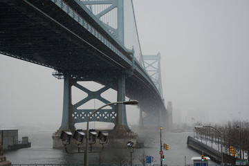 PHILADELPHIA, PENNSYLVANIA, USA - MARCH 19, 2018: View of Ben Franklin Bridge in snowy and foggy weather