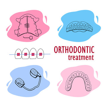 Dentistry.Set Orthodontic Apparatus For Correcting The Position Of The Teeth And The Occlusion. Elastopositioner, Invisible Splint,kappa For Bruxism, Braces.Vector Illustration.For Dental Clinic