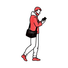 Bearded man looking into phone sketch cartoon vector illustration isolated.